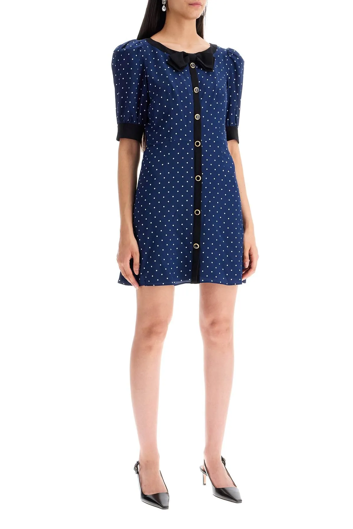 "silk polka dot mini dress FABX3895 F4378 NAVY BLUE-WHITE