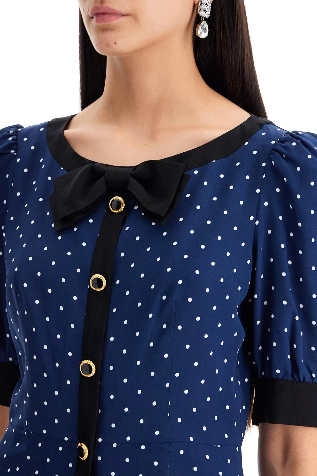 "silk polka dot mini dress FABX3895 F4378 NAVY BLUE-WHITE