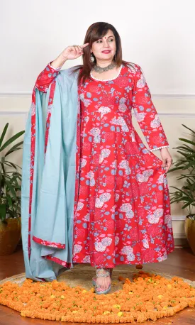 RED AND TURQUOISE FLORAL PRINTED WITH LACE DETAILING KALIDAAR KURTA, WITH PANT AND DUPATTA.