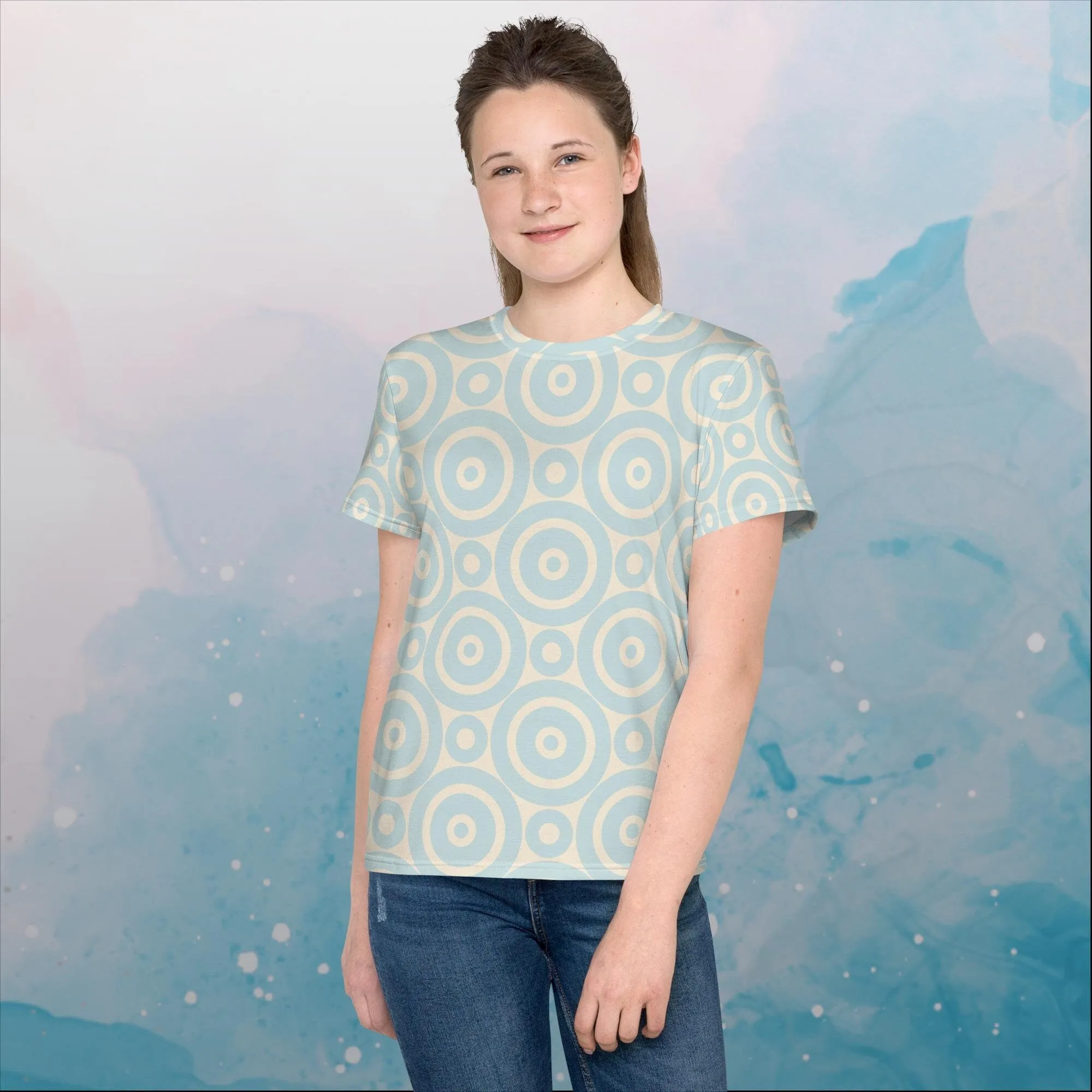 Robins Egg Blue Printed Target Circles Youth Crew Neck Tee Shirt