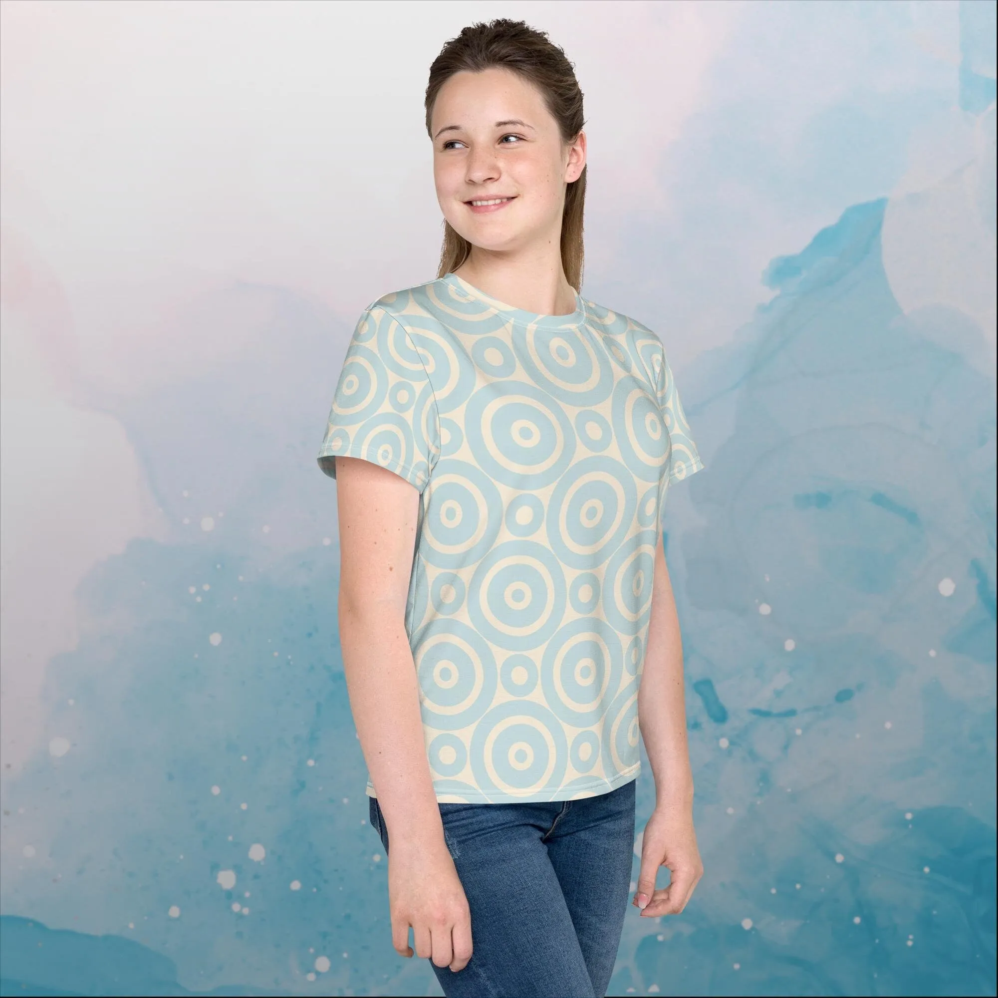 Robins Egg Blue Printed Target Circles Youth Crew Neck Tee Shirt