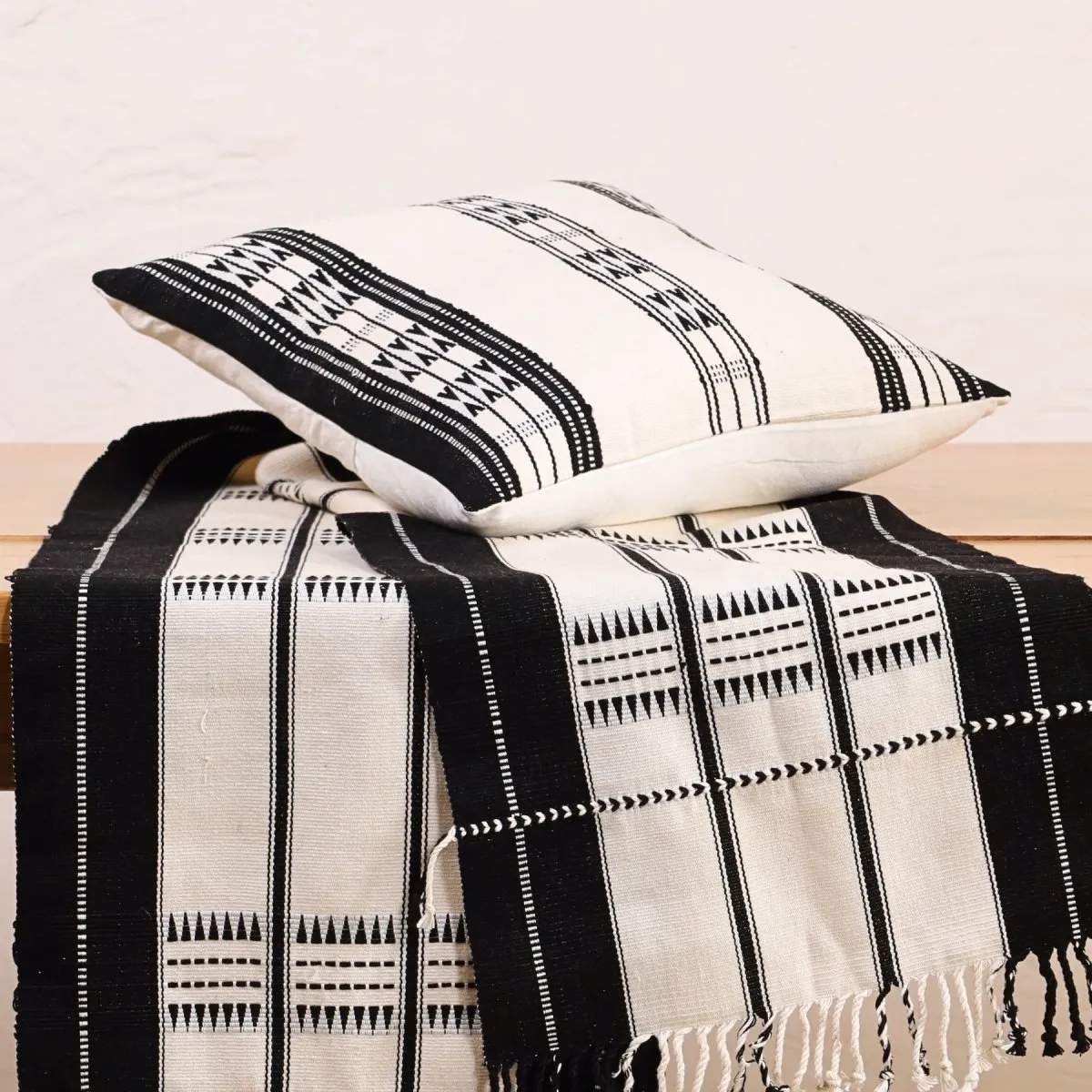 Set of Striped Monochrome Handwoven Cushion Cover and Monochrome Handwoven Striped Table Runner | Rakshabandhan Gift | Handmade in India