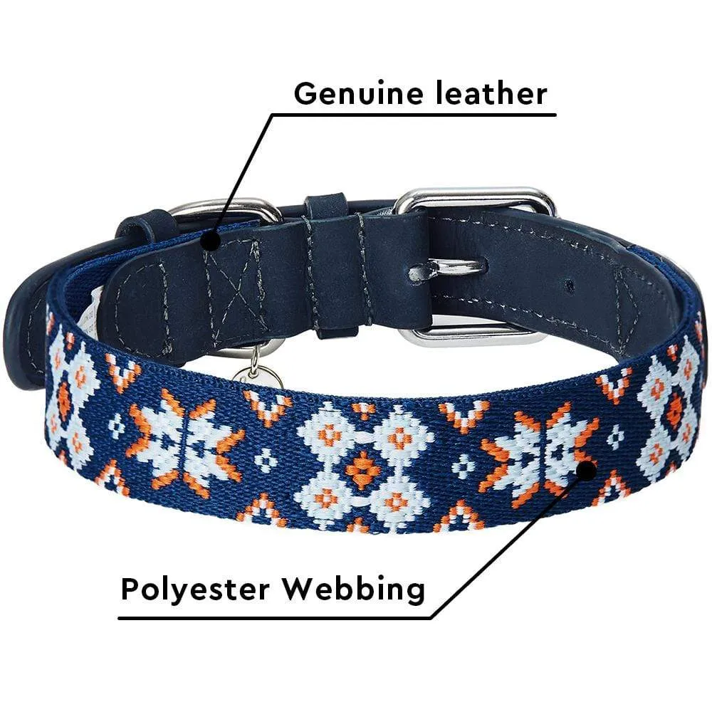 Southwestern Full Grain Leather & Polyester Dog Collar