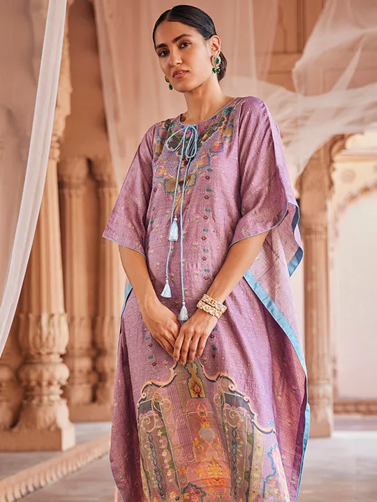 Tussar: Printed Design Kaftan Style Stitched Suit & Dupatta Set