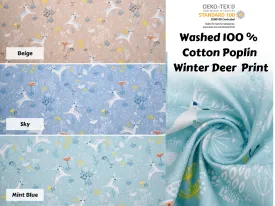 Washed 100 %  Organic  Cotton Poplin, Winter Deer Print Fabric. GK - 007