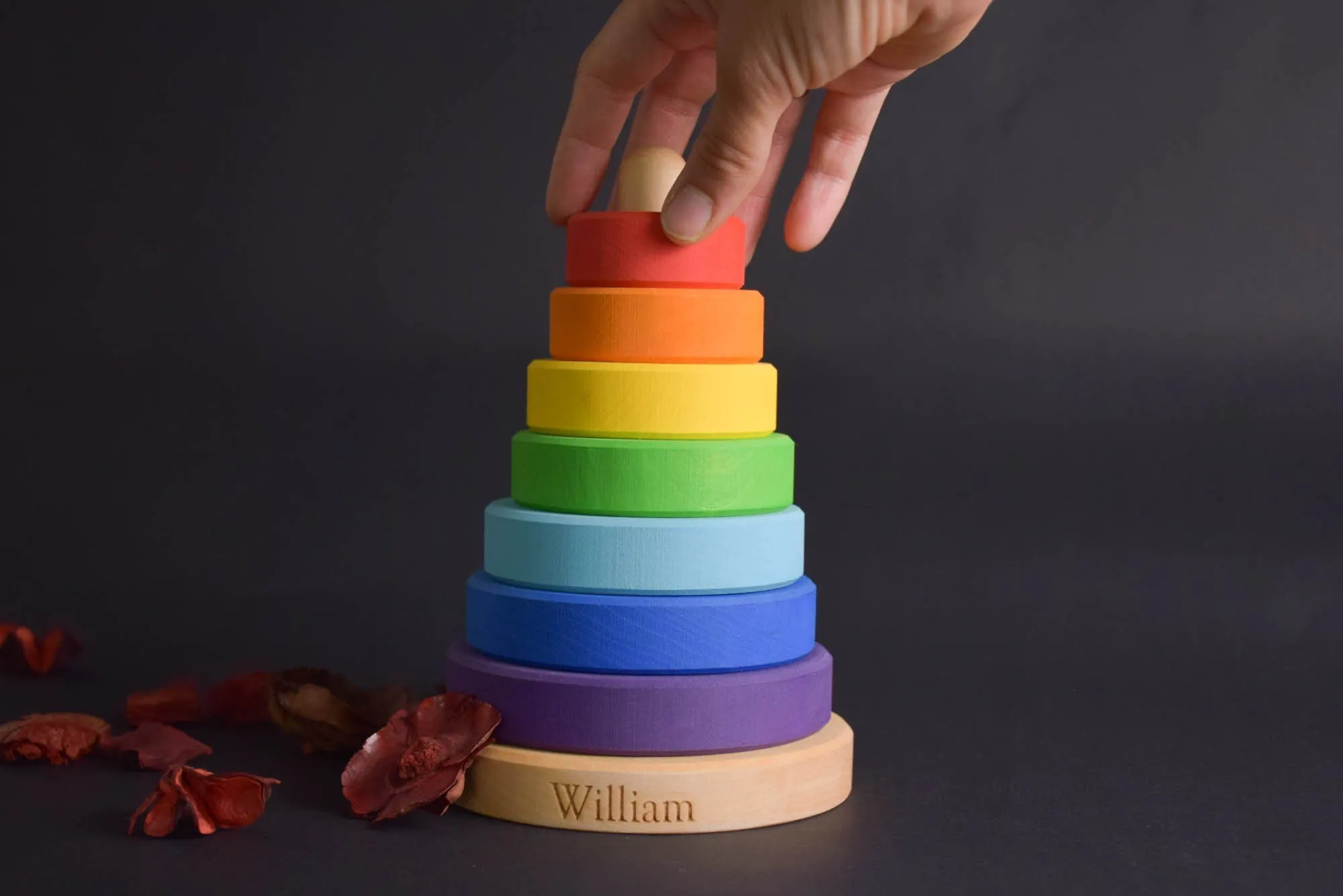 Wooden Montessori Ring Stacker Toy Rainbow, Personalized 1st Birthday Gifts for Kids, Montessori Baby Materials, Educational Toddler Toys